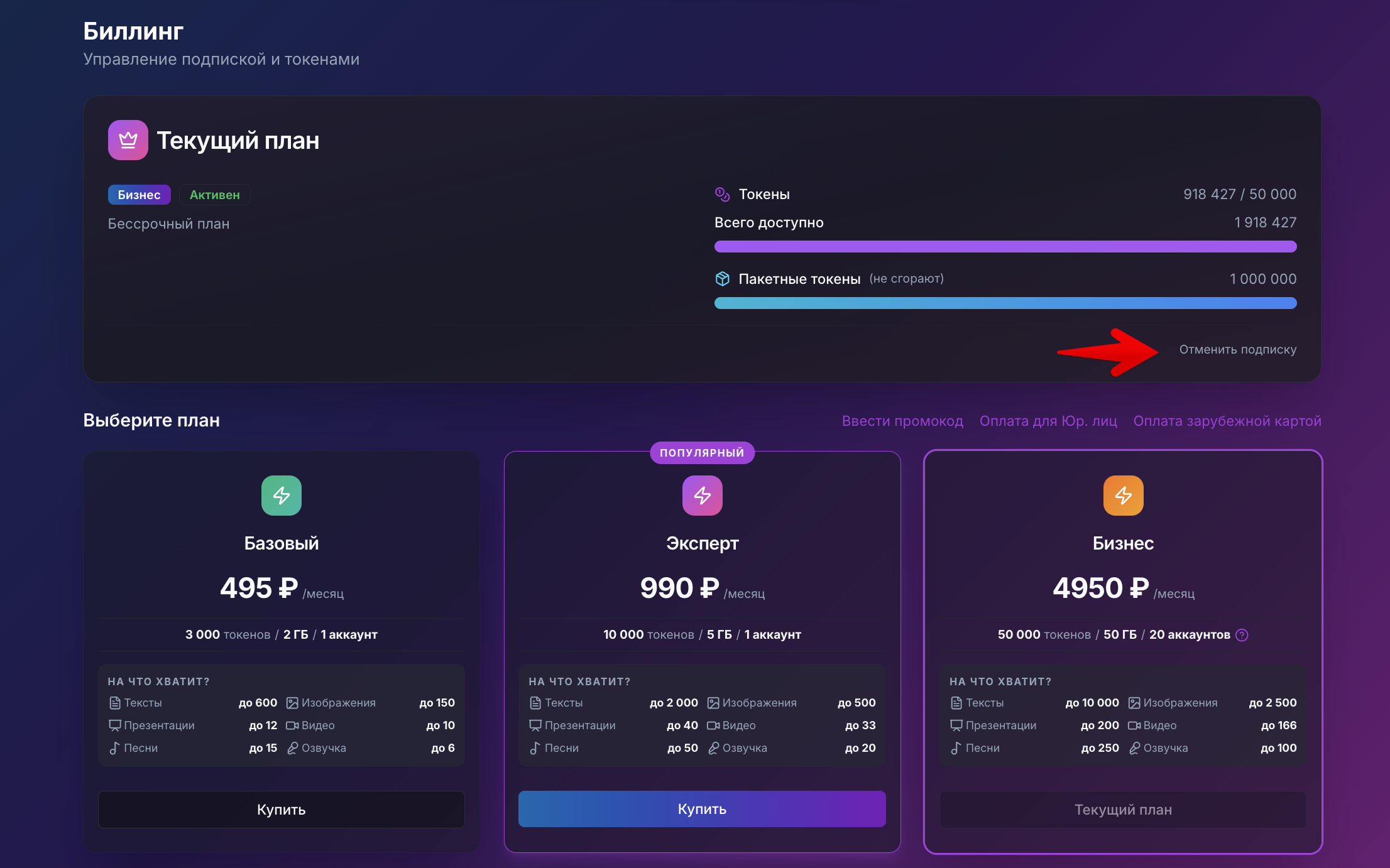 STIVA.ai - страница биллинга с активным тарифом