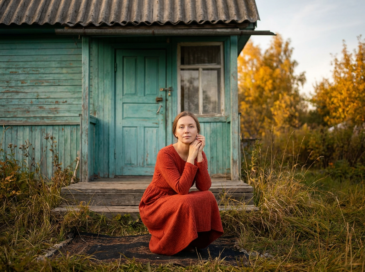 ИИ-фото на даче — У старого бирюзового дома