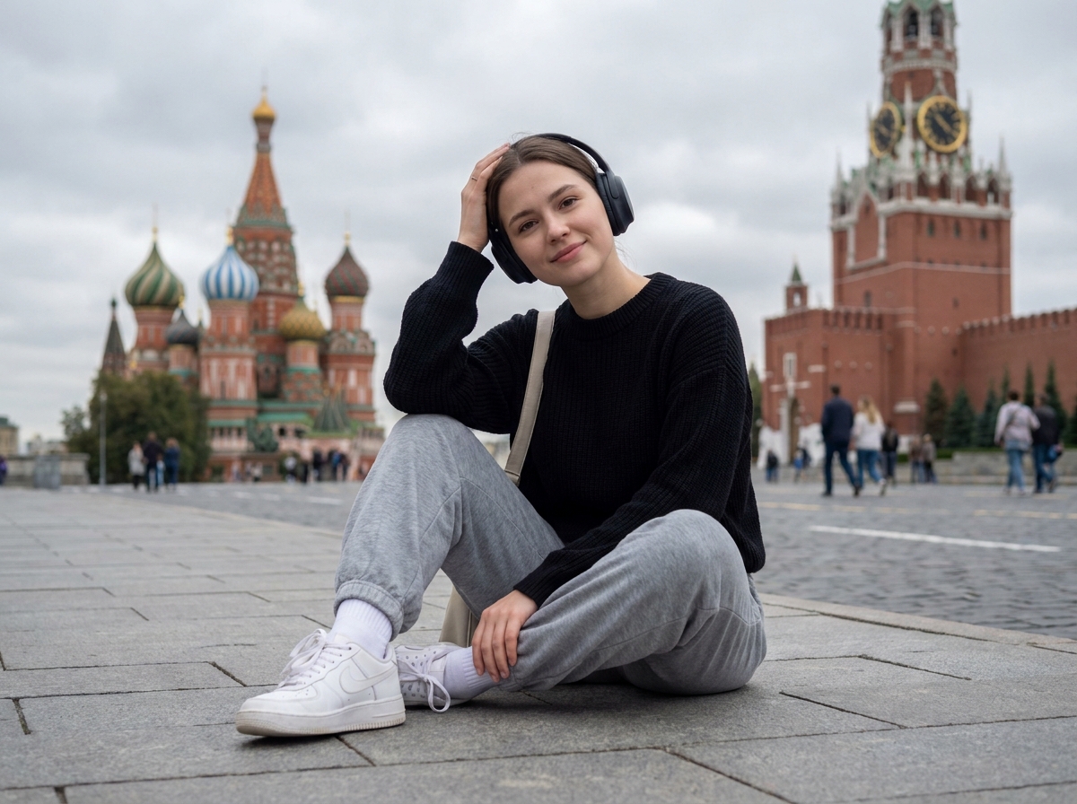 ИИ-фото на Красной Площади — Расслабленный кадр с сумкой