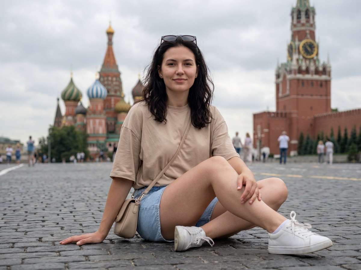 ИИ-фото на Красной Площади — Туристический портрет сидя