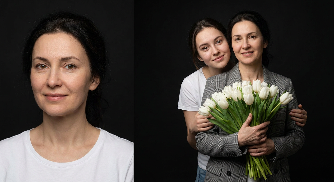 ИИ-фото с мамой — Букет белых тюльпанов
