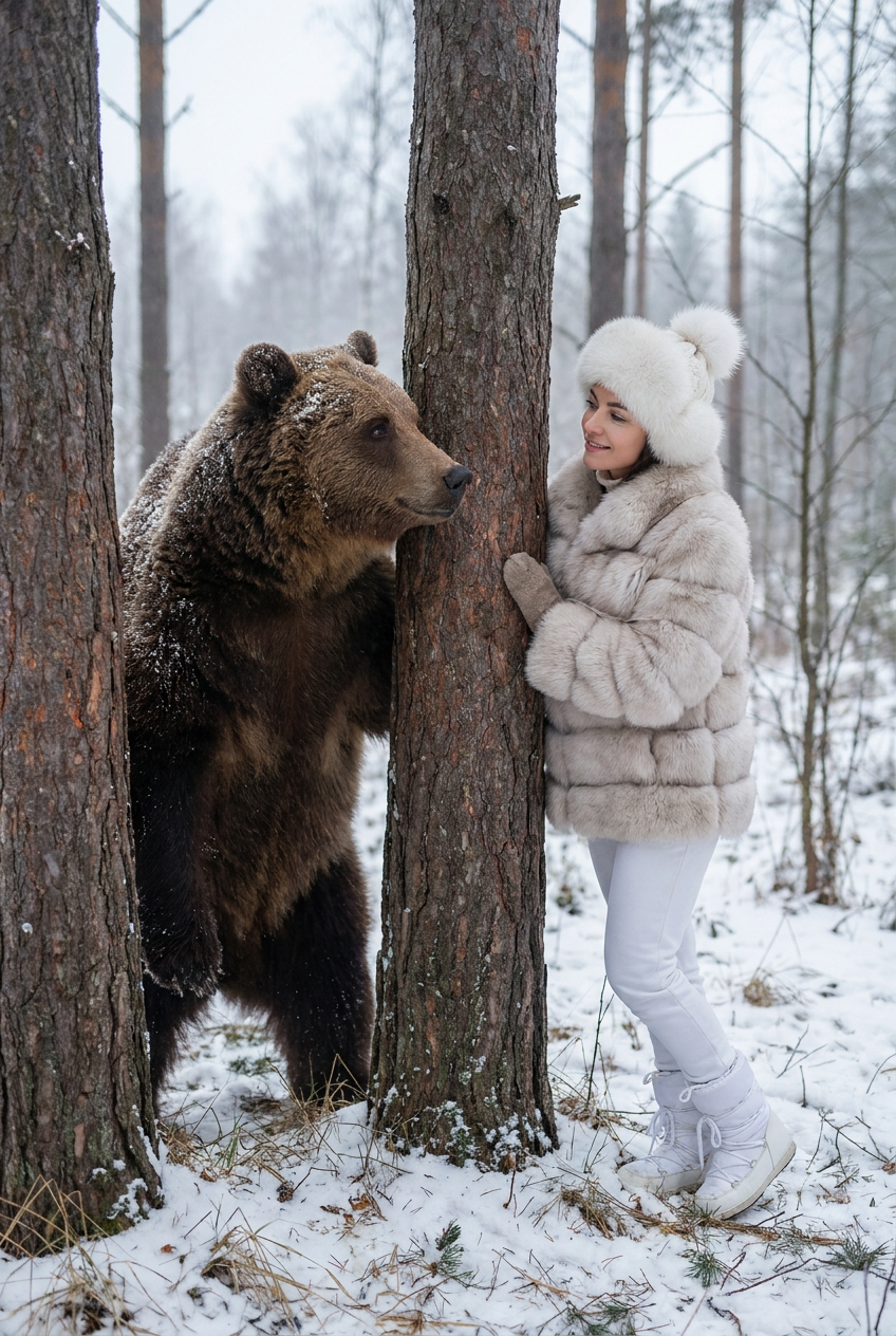 ИИ-фото с медведем — Встреча у лесных стволов