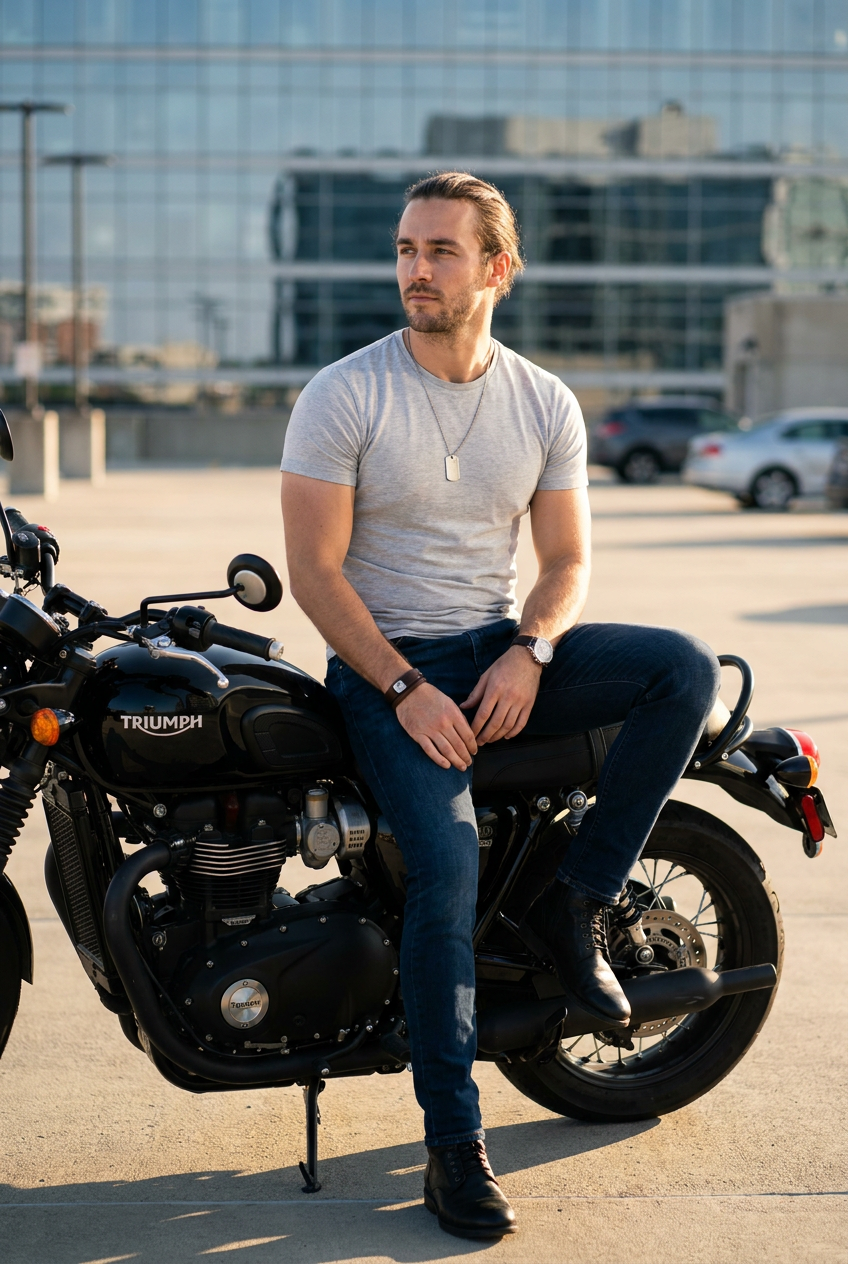 ИИ-фото с мотоциклом — Городская парковка и Triumph