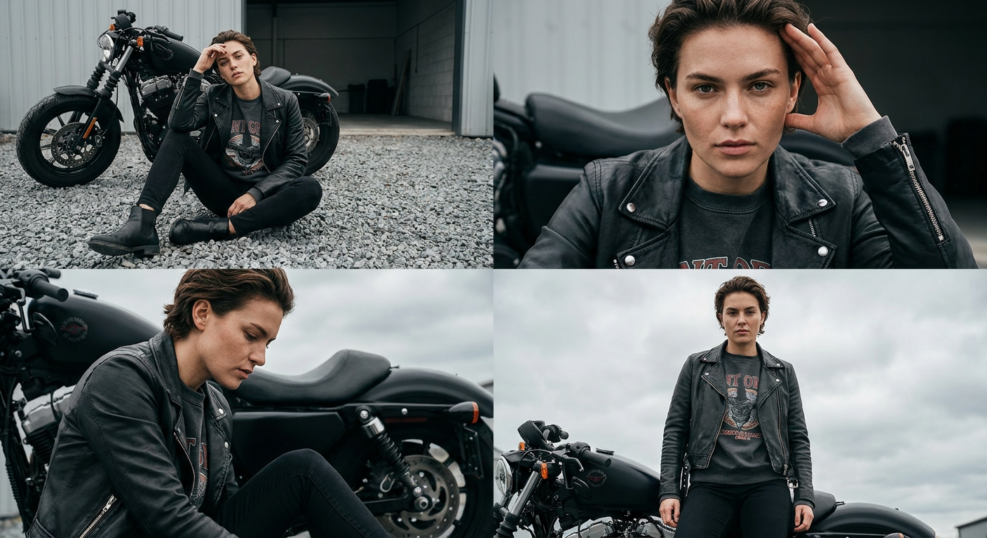ИИ-фото с мотоциклом — Коллаж в стиле biker editorial