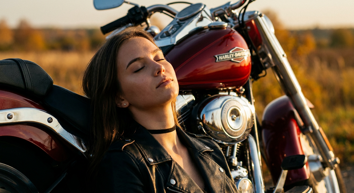 ИИ-фото с мотоциклом — Красный Harley на закате