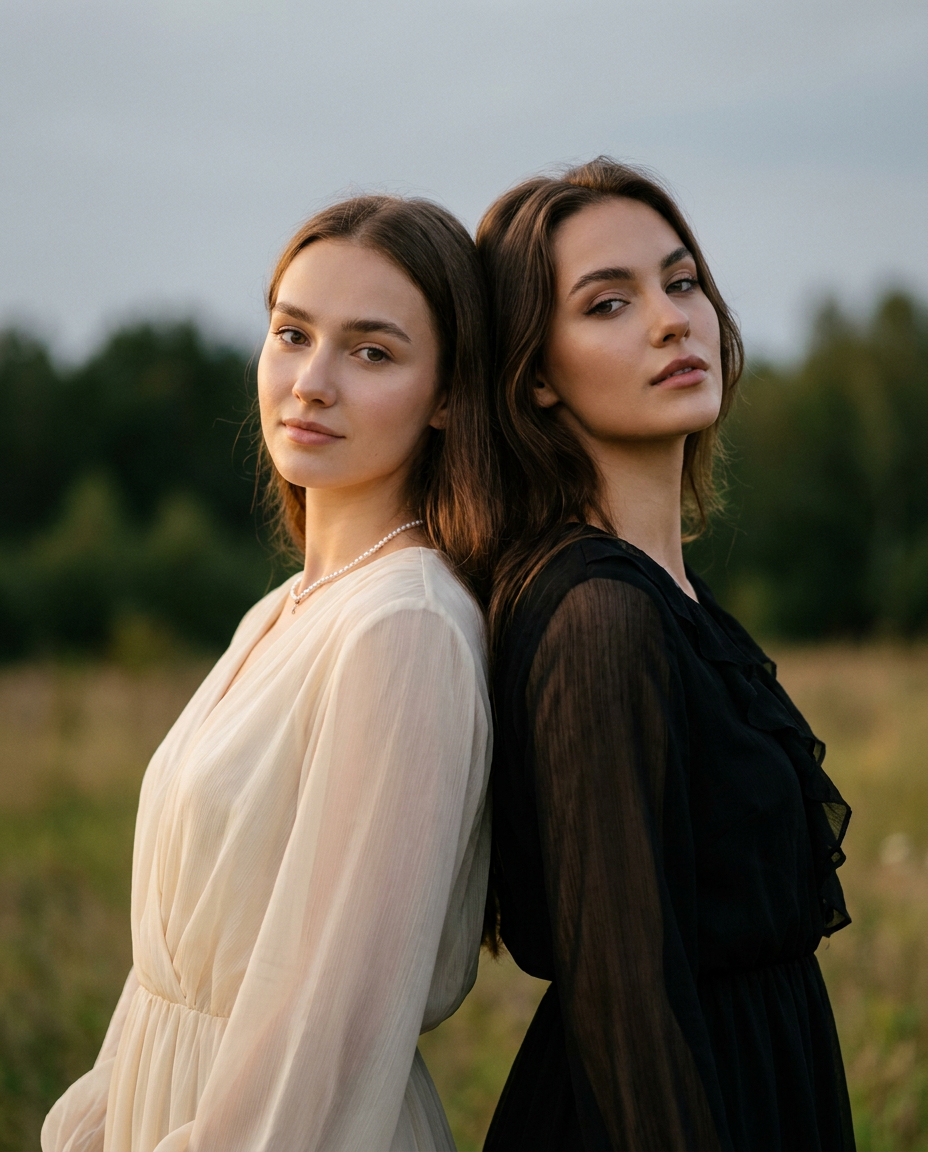 ИИ-фото с подругой — Спина к спине на природе