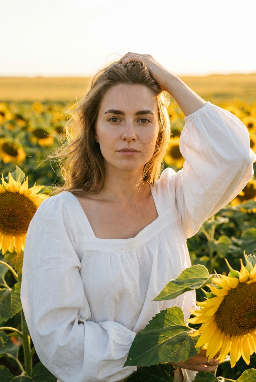 ИИ-фото с подсолнухами — Fashion-портрет на закате