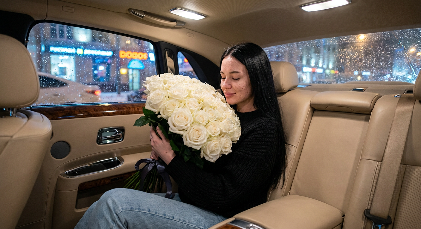 ИИ-Фото с розами — Белые розы в автомобиле