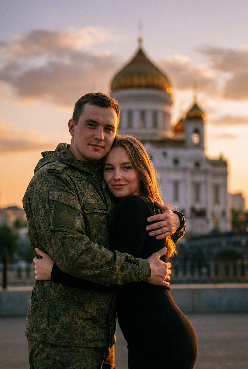 ИИ-фото с участником СВО — Объятия в чёрном платье
