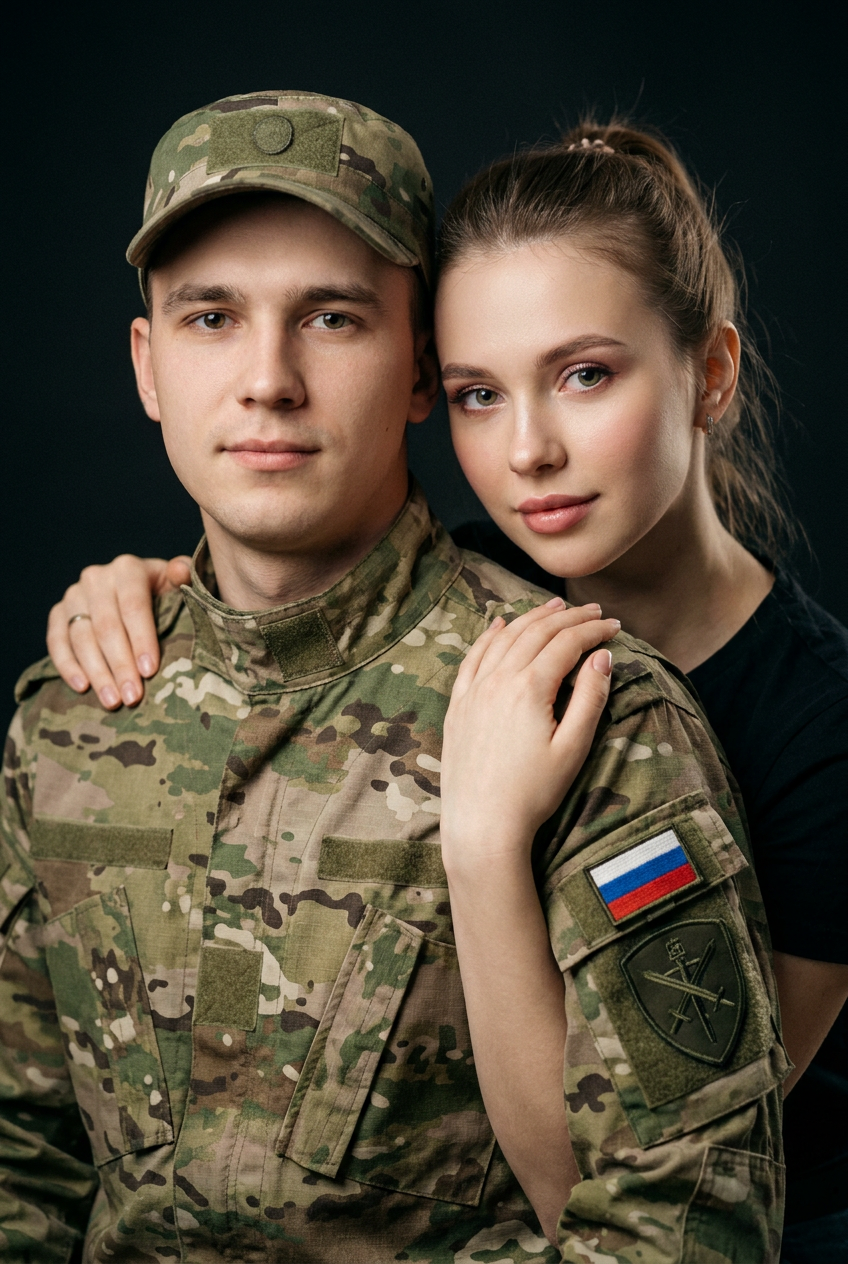 ИИ-фото с участником СВО — Студийный портрет пары