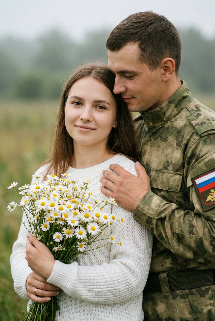 ИИ-фото с участником СВО — Букет ромашек перед встречей