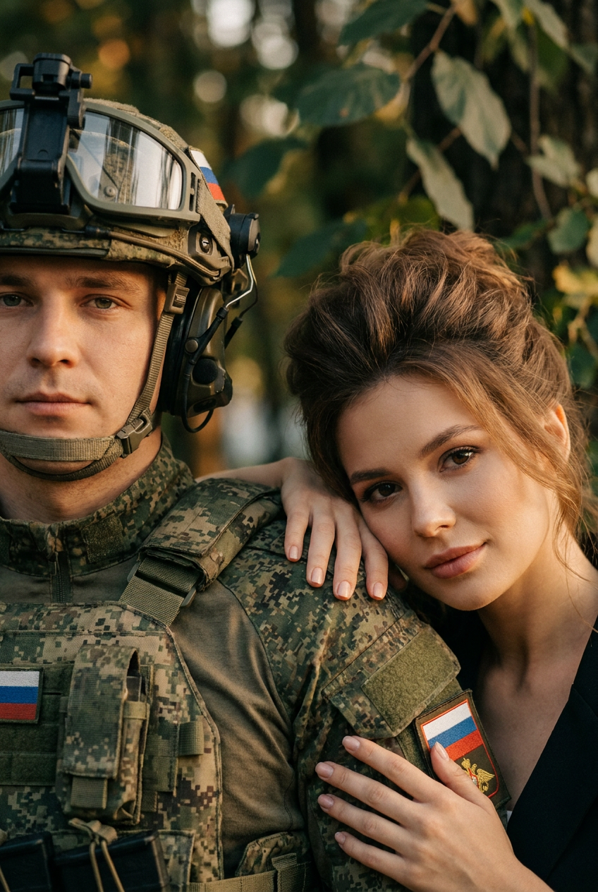 ИИ-фото с участником СВО — Защитные объятия в экипировке