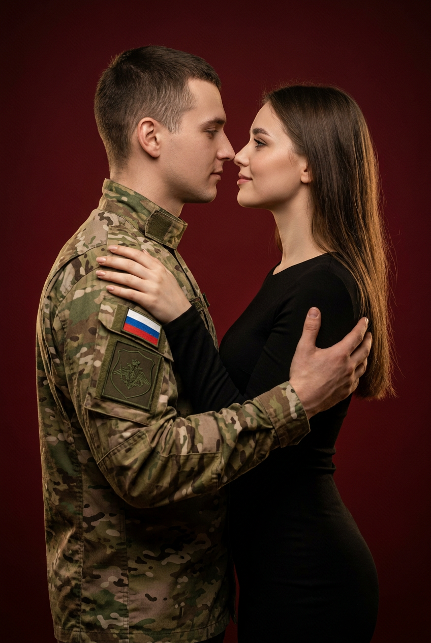 ИИ-фото с участником СВО — Бордовый драматичный портрет