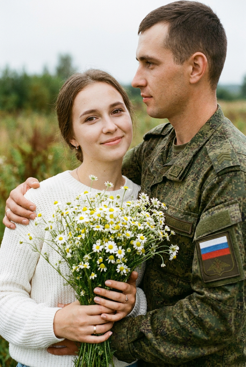 ИИ-фото с военным — Букет белых ромашек
