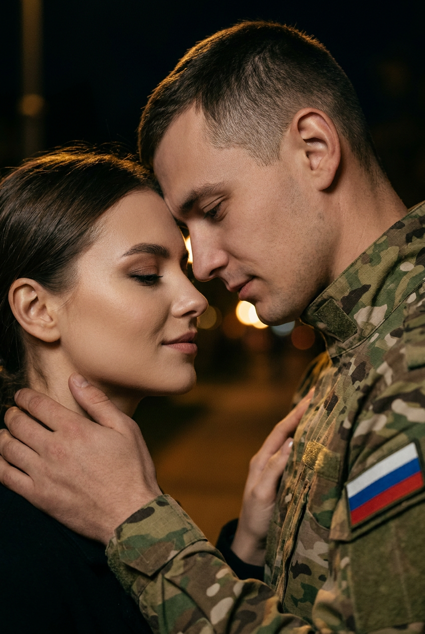 ИИ-фото с военным — Ночной поцелуй