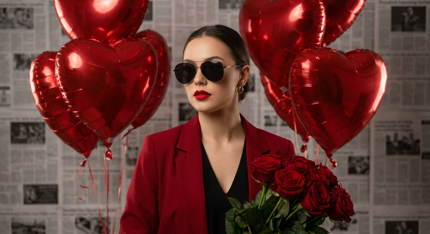 ИИ-фото с воздушными шарами — Красный fashion-портрет