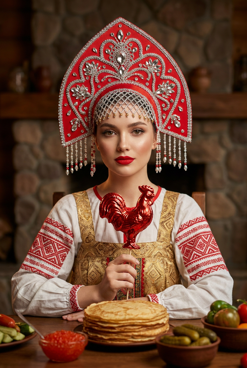 ИИ-фото в кокошнике — Кокошник и блины у камина