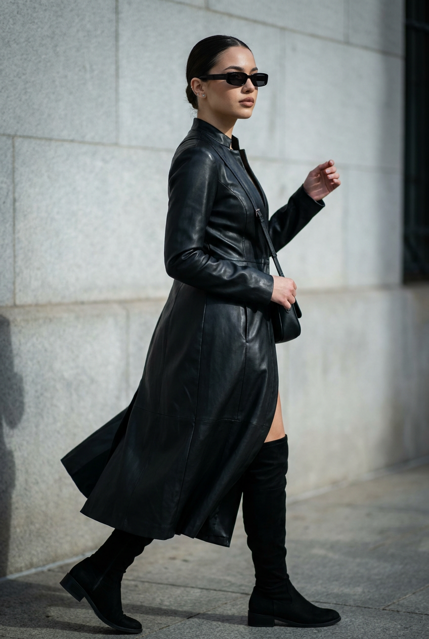 ИИ-фото в кожаной одежде — Total black у стены