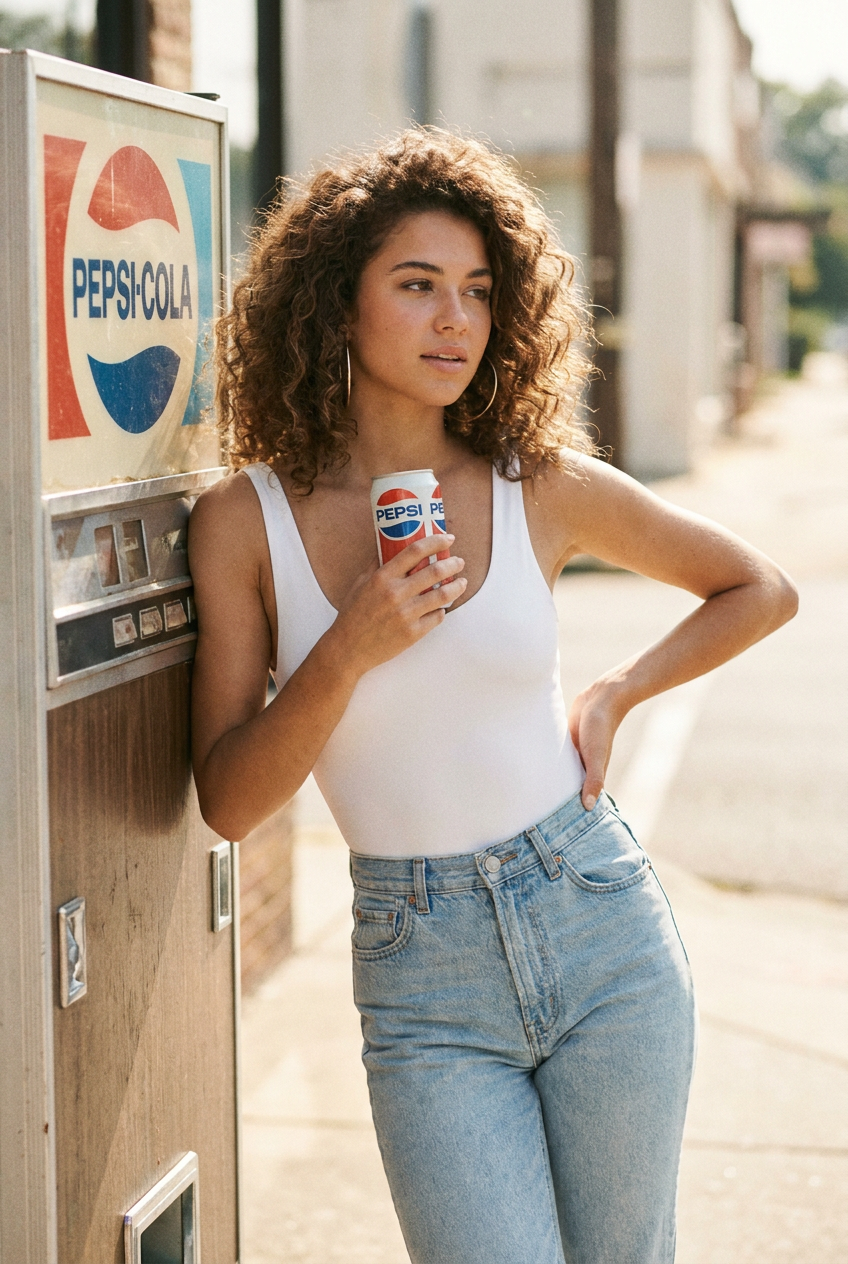 ИИ-фото в ретро-стиле — Pepsi и мода 80-х
