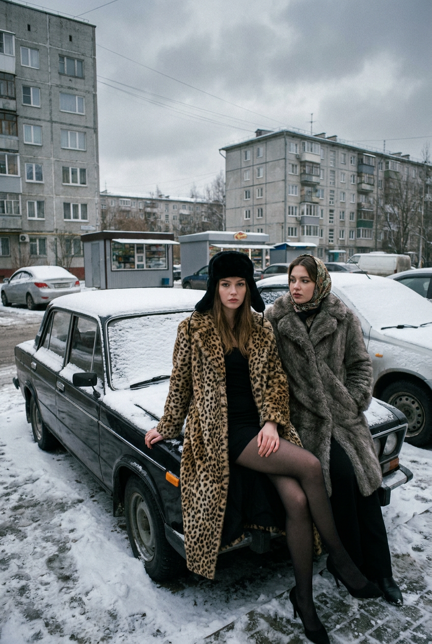 ИИ-фото в стиле 90-х — Зимний гламур у ВАЗ-2106