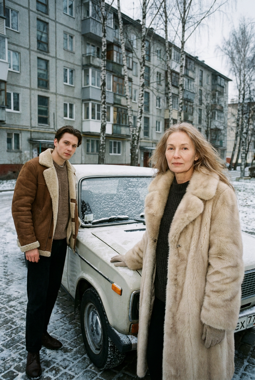 ИИ-фото в стиле 90-х — Зимняя съёмка у машины