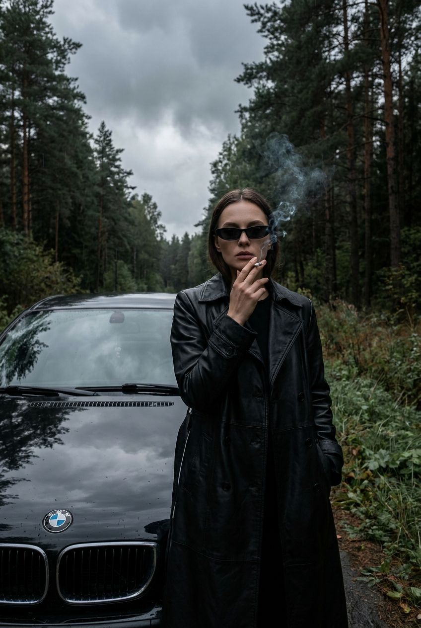 ИИ-фото в стиле Slavic girl — Чёрный BMW у леса