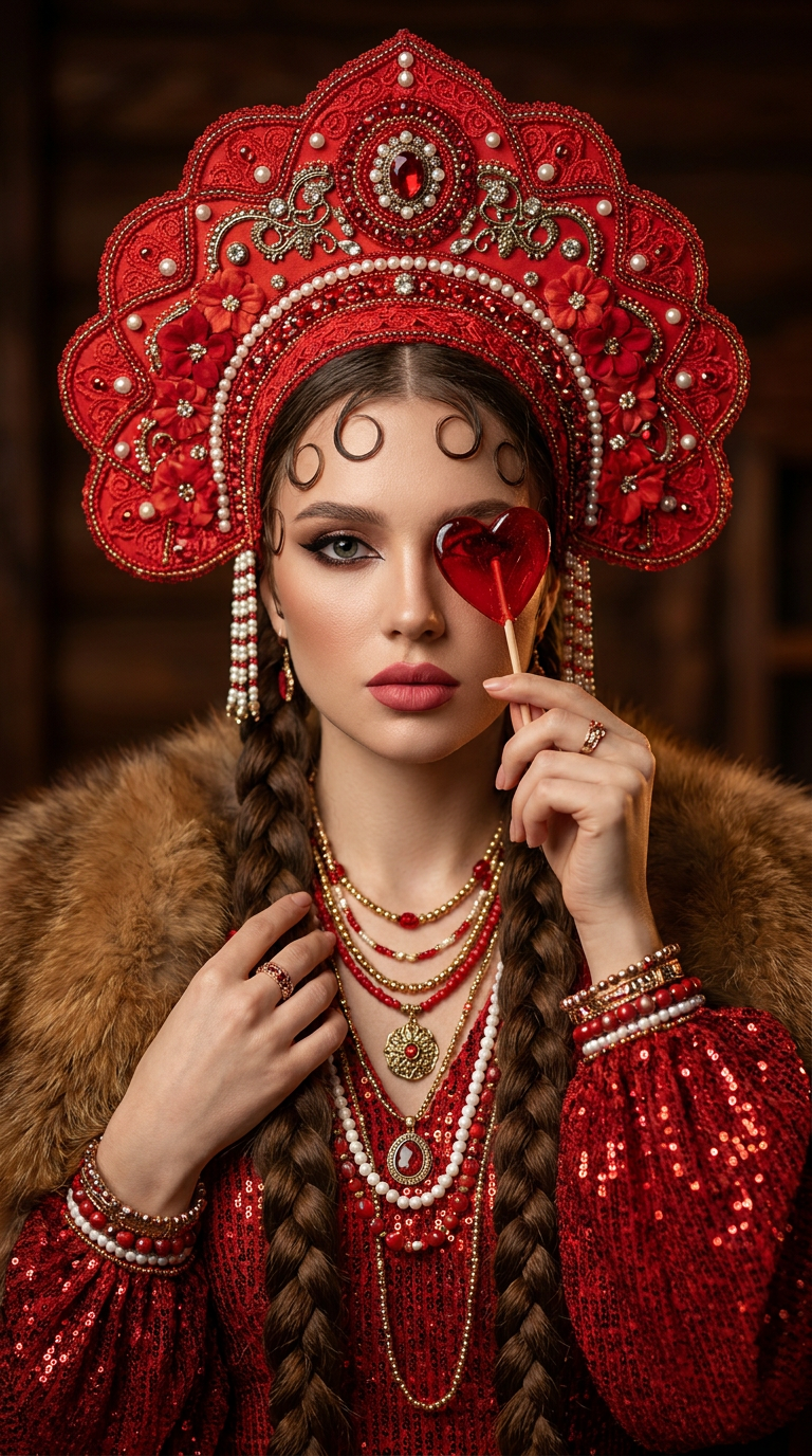 ИИ-фото в стиле Slavic girl — Кокошник и леденец