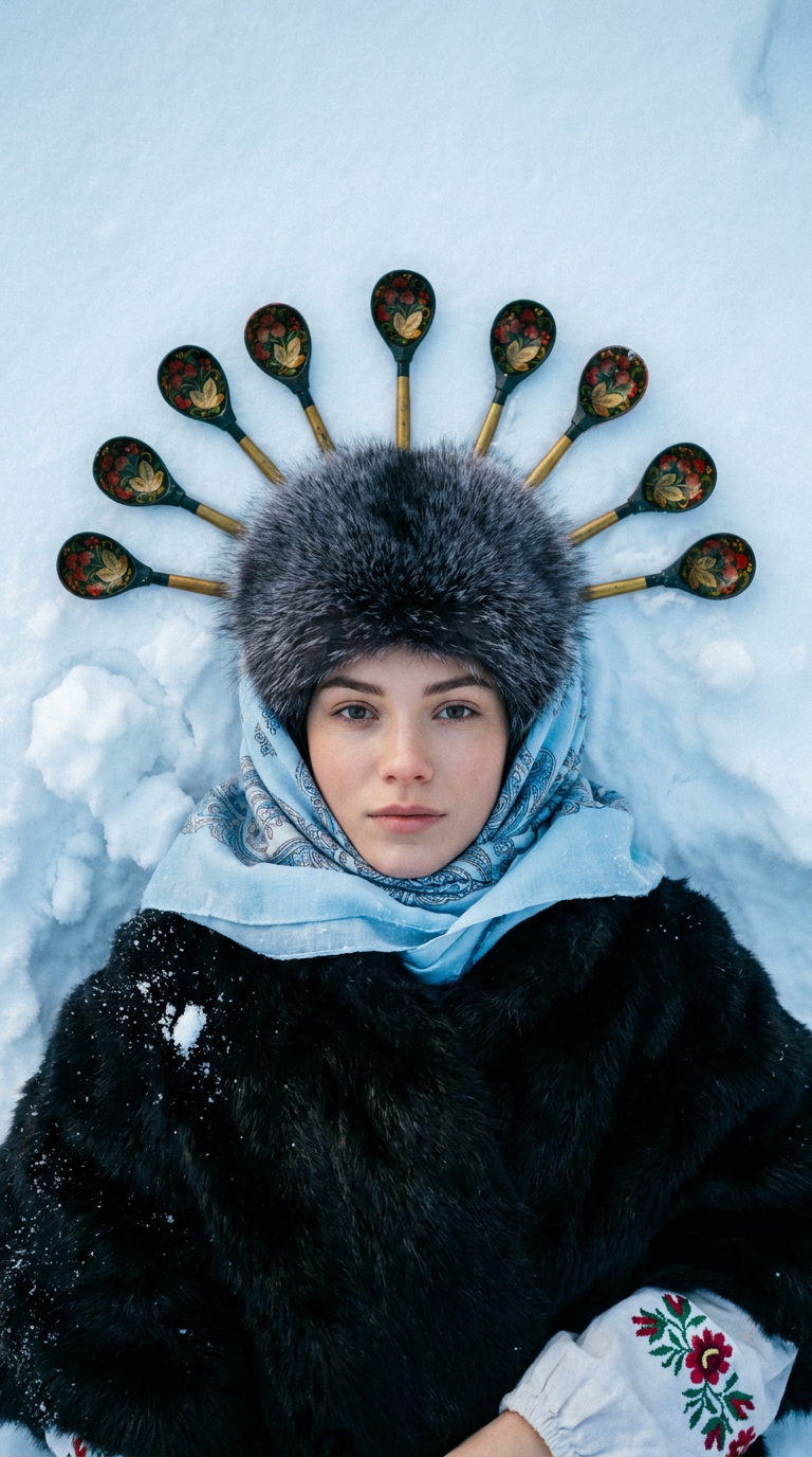 ИИ-фото в стиле Slavic girl — Ореол из расписных ложек