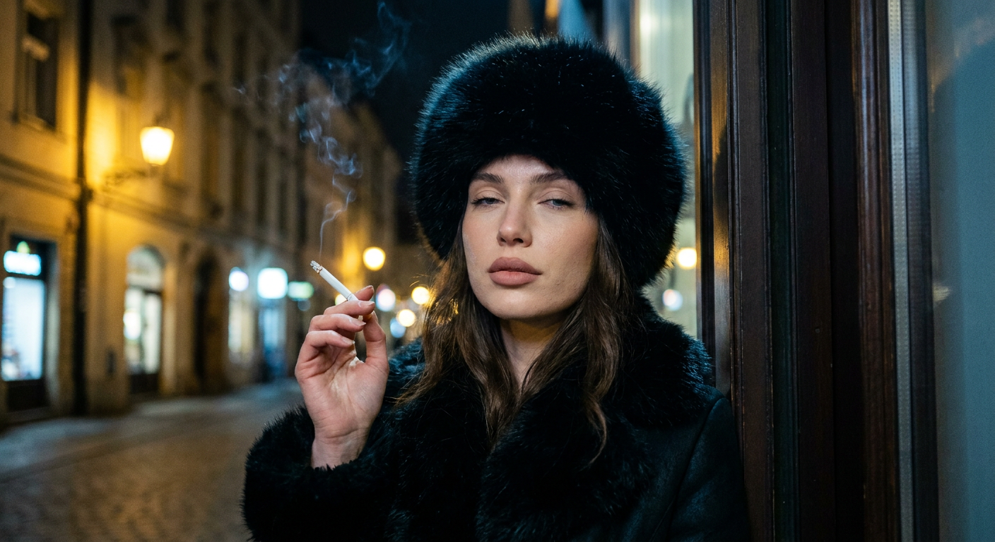 ИИ-фото в стиле Slavic girl — Сигарета в зимнем городе