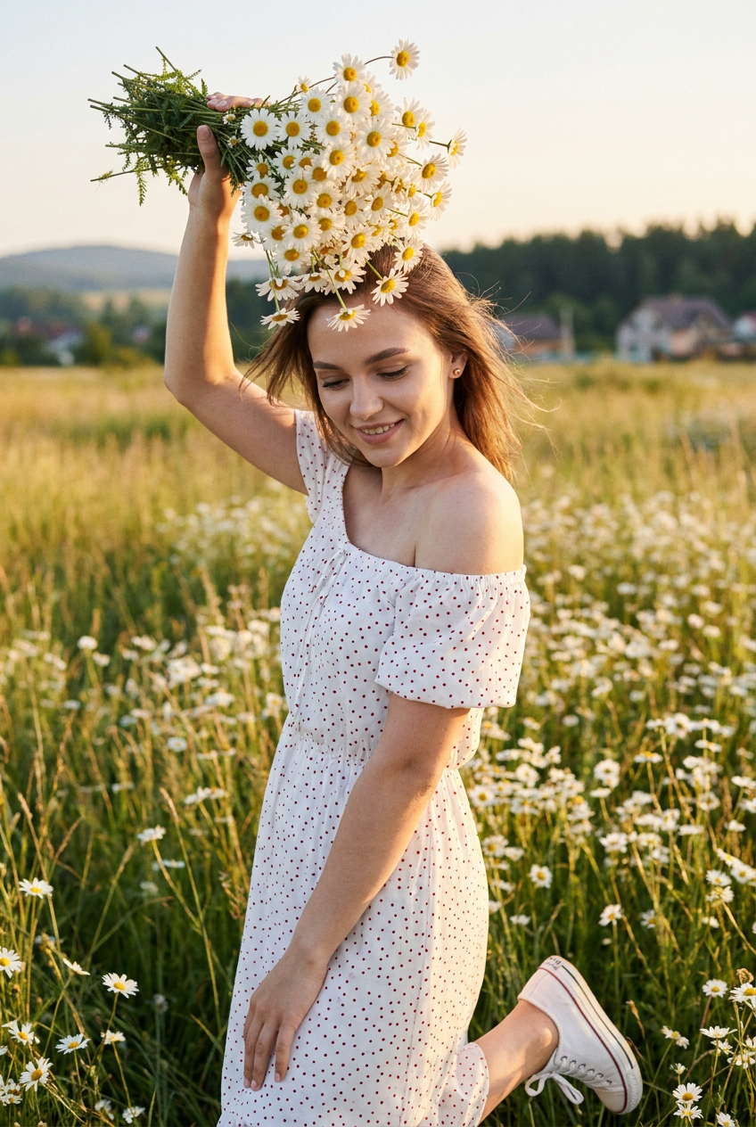 ИИ-фотосессия с ромашками — Белое платье и ветер