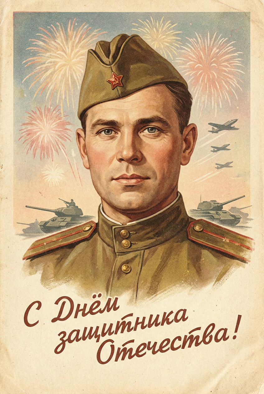 ИИ-открытки — Винтажная открытка к 23 Февраля