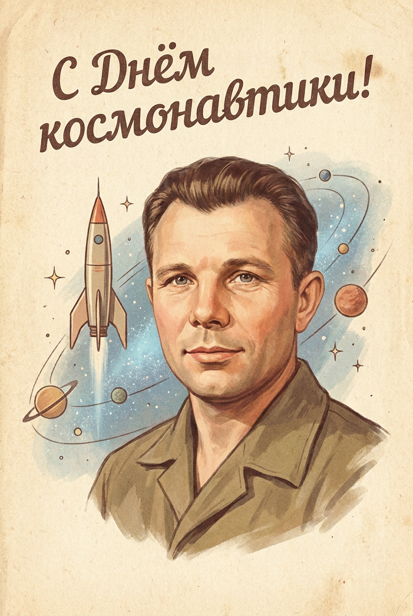 ИИ-открытки — Советская открытка ко Дню космонавтики