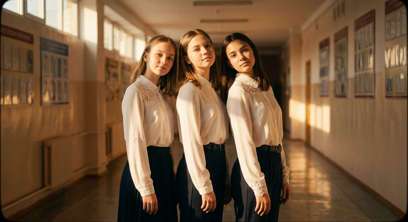 Школьная ИИ-фотосессия — Три лица в коридоре