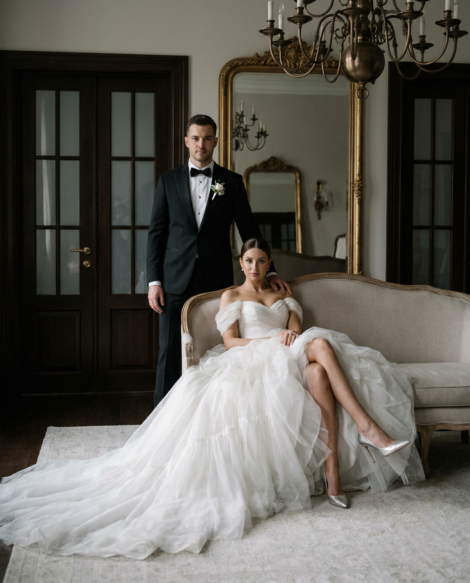 Свадебная ИИ-фотосессия — Dark luxury на винтажном диване